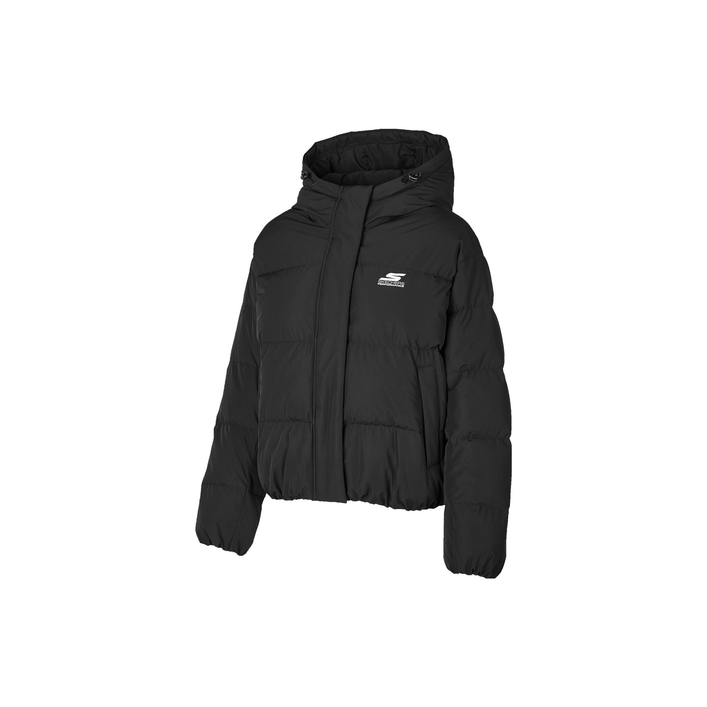 Skechers Basic Letter Logo Print Woven Short Hooded Down Jacket Women outerwear Carbon-Black P423W084-0018 S