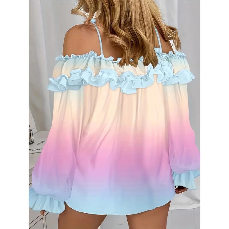 YYFS Women's Fashion Casual Spring Autumn Colour Block Print Long Sleeve One Shoulder Blouses & Shirts