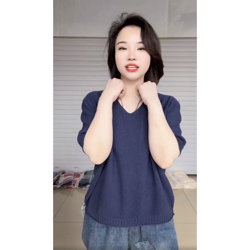 

2025 Trendy Minimalist V Neck Design Loose Plus Size Idle Style Knitwear Pure Color Air Conditioning Short Sleeve Tops Women Blue Gray 2XL