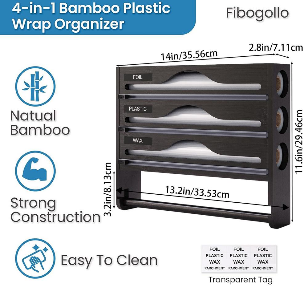 

Wrap Organizer with Cutter Plastic Wrap Aluminum Foil and Wax Bamboo Dispenser for Kitchen Storage Organization чёрный