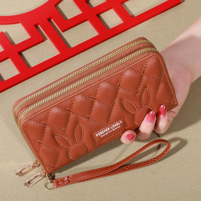 

Trendy Solid Color Long Wallet, Double Zippers Clutch Coin Purse, Women s Faux Leather Card Holder With Wristband