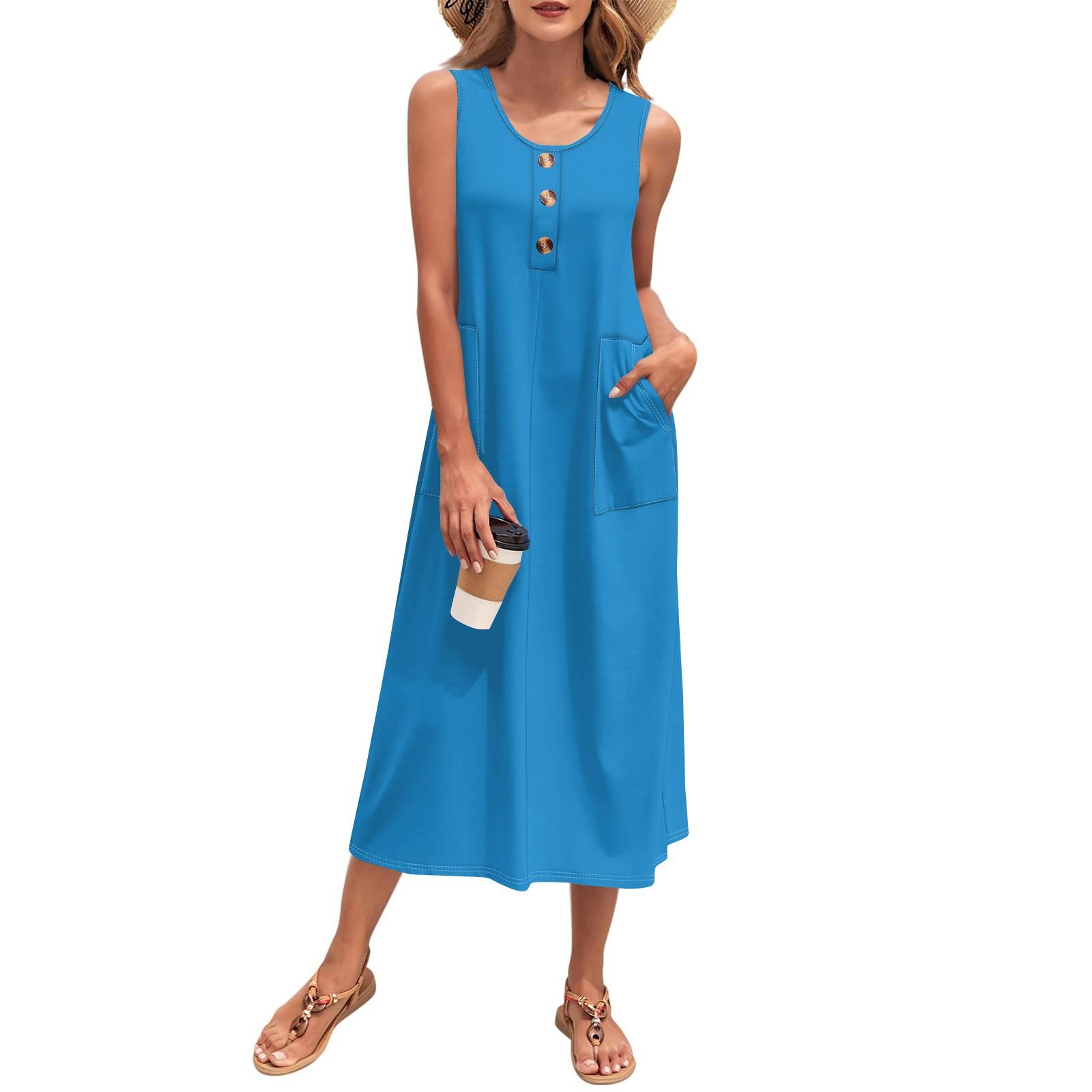 

Жіноча літня максі-сукня без рукавів на ґудзиках, повсякденний вільний довгий пляжний сарафан. Дорожнє вбрання для відпустки L синій