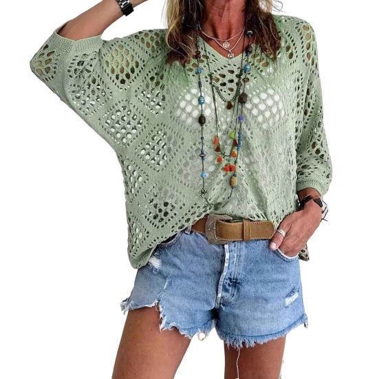 Women Tops Solid V-Neck 45720 Sleeve Knitting Color Loose Fit Cover
