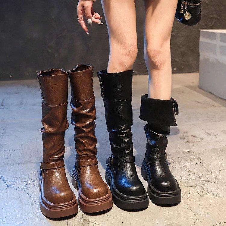 Brown retro British style thick heel platform boots women's 2024 new autumn and winter thin boots boots tall