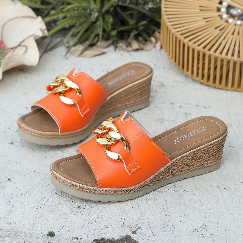 Fashion Plus Size 2025 New Summer Platform Women’s Slippers Hot Sale Casual Wedges Metal Decoration Sandals for Outdoor Daily Slippers
