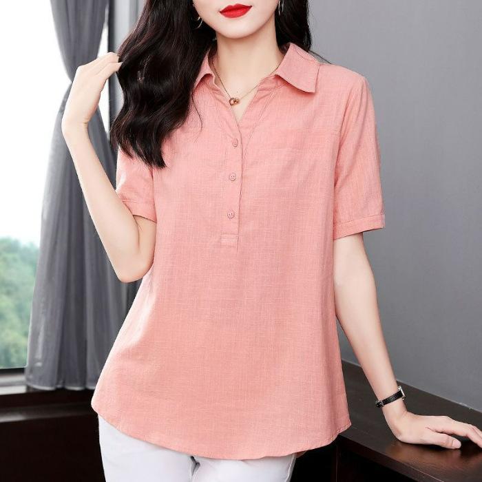 

Mom s new national style cotton and linen short-sleeved shirt, summer thin 2025 new women s loose large-size top 4XL рожевий