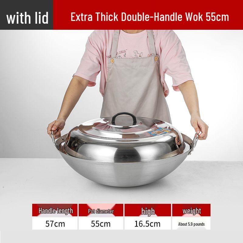 Extra Thick Stainless Steel Double Ear Wok - Large Round Bottom Pot for Commercial Kitchens, Gas Stove Compatible