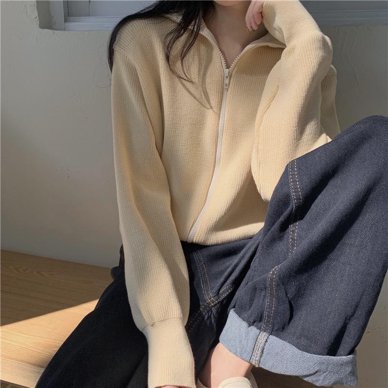 

Женский вязаный кардиган с длинным рукавом: Осень/Зима 2022 Приталенный свитер-жакет с отворотом One Size абрикосовый