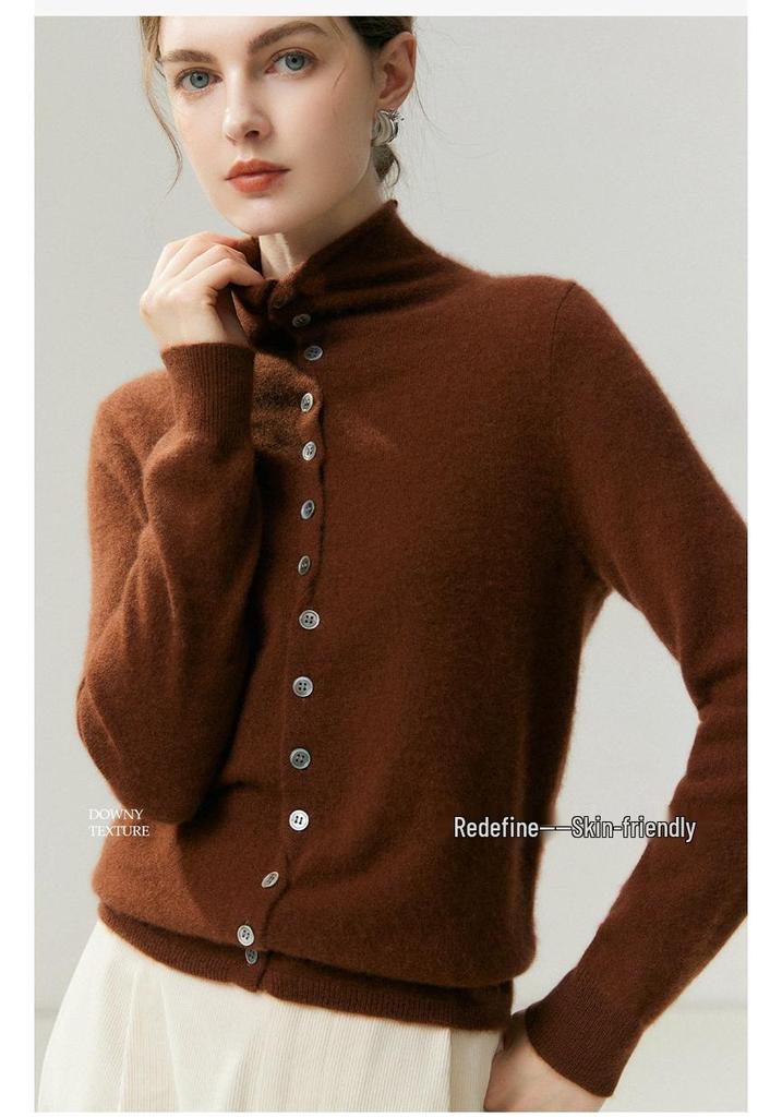 High Neck Cashmere Cardigan: Autumn/Winter Button-Up Rolled Hem Knitwear Sweater for Women.