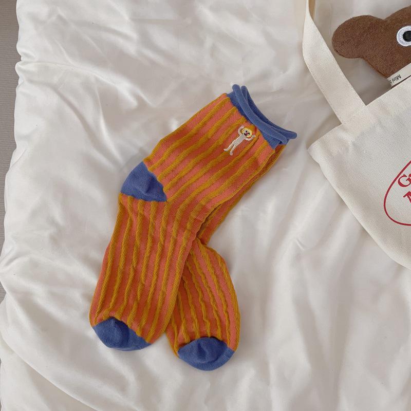 

Japanese-Style Mid-Calf Cartoon Embroidery Cotton Socks with Cute Stripes and Slouch Design One Size