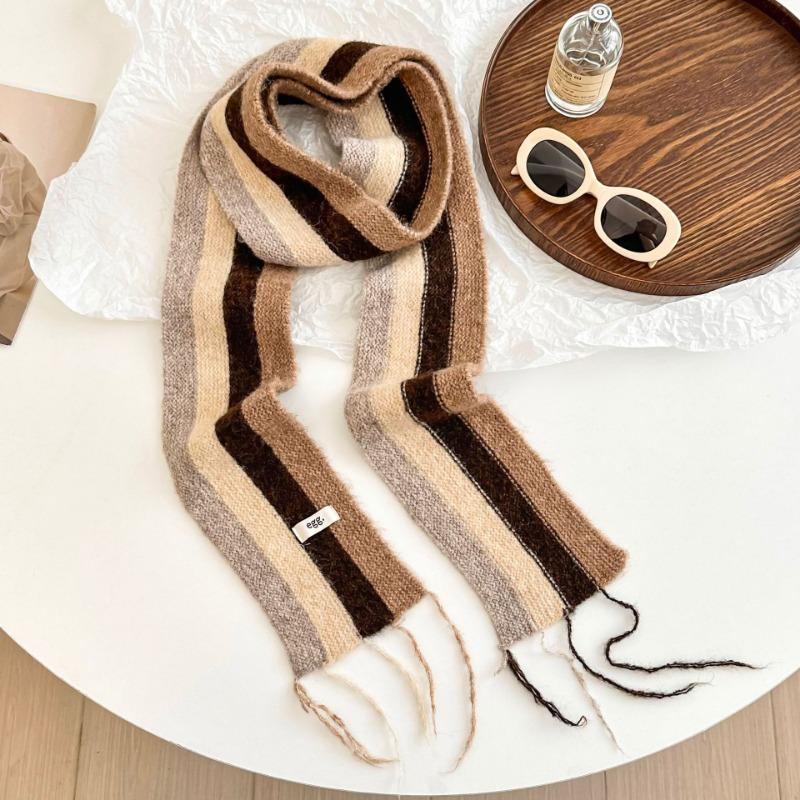Knitted scarf winter new rainbow stripes dopamine contrasting color warm wool scarf thin and narrow fringed scarf