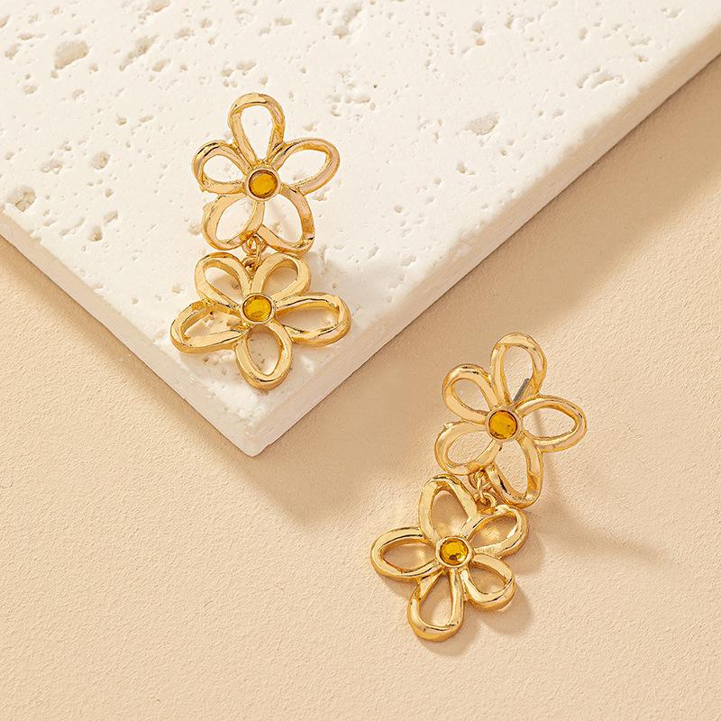 Hollow Double Flower Drop Earrings Korean Design Fashion Minimalist Gold Color Ear Hip Hop Jewelry Gift