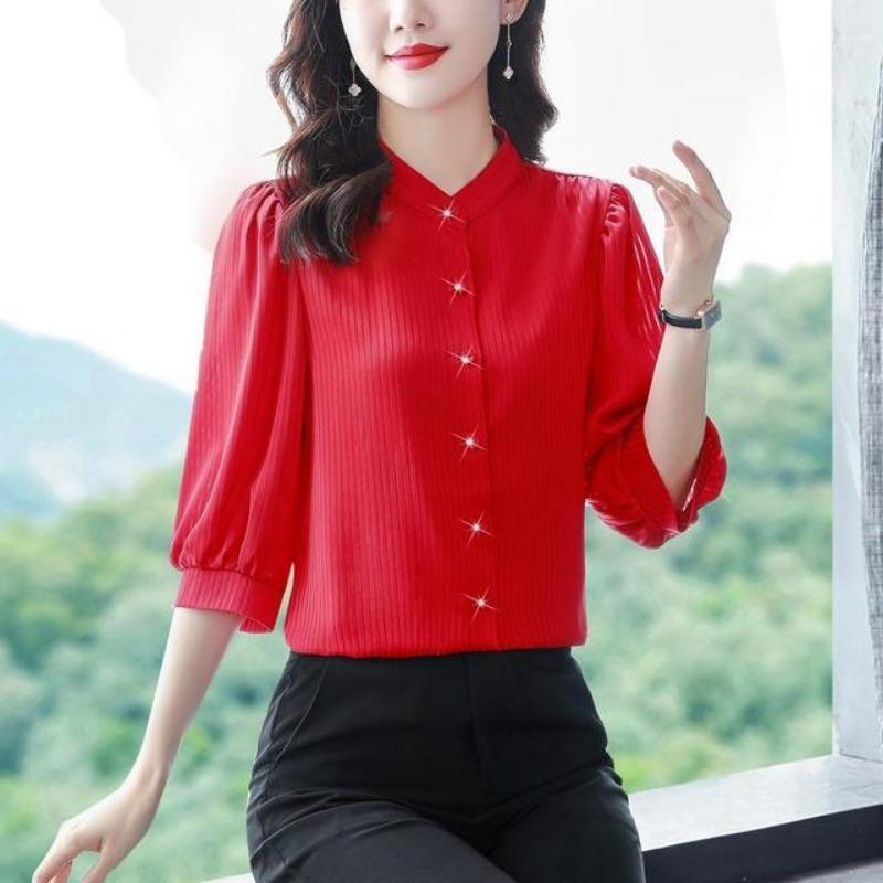 New Women's White Shirt Spring Autumn 3/4 Sleeve Striped Top Summer Loose Reducing Age Puff Sleeve Bottoming Blouse S-4XL