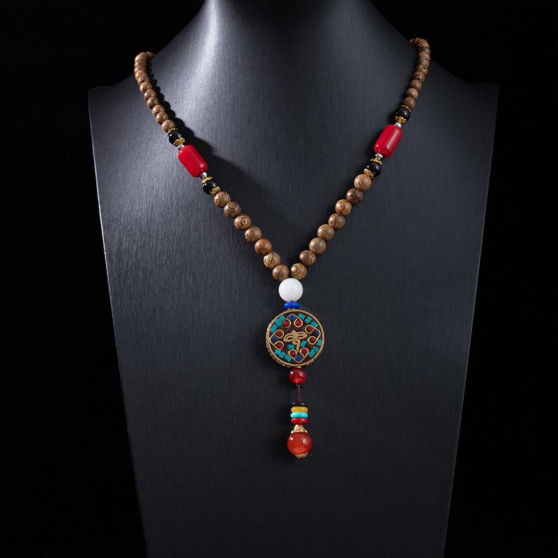 Stile Etnico Retrò Catena Lunga per Maglione Ciondolo in Pietra Bodhi con Diamante Collana con Perline di Legno Ciondolo in Cotone e Lino Tibetano Collana con Perline di Buddha