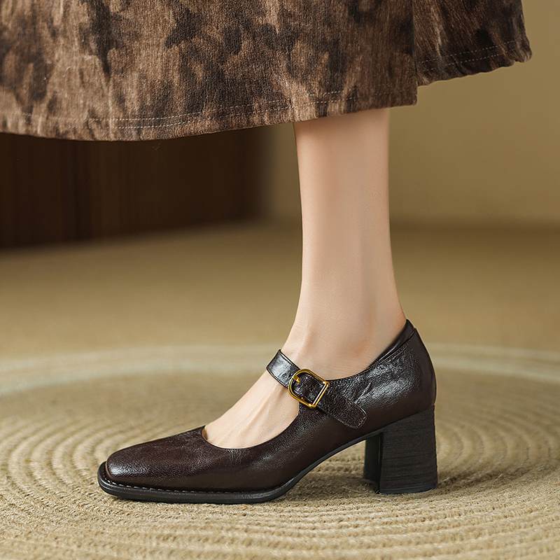 Krazing Pot Sheepskin Fashion Summer Spring Autumn Thick High Heels Metal Buckle Women  European Design Square Toe Pumps