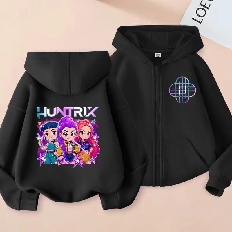 K-Pop Demon Hunters Zip Jacket Rumi Mira Zoey Cartoon Printed Children Clothing Casual Outerwear Hooded Coat Girls Clothes Gift
