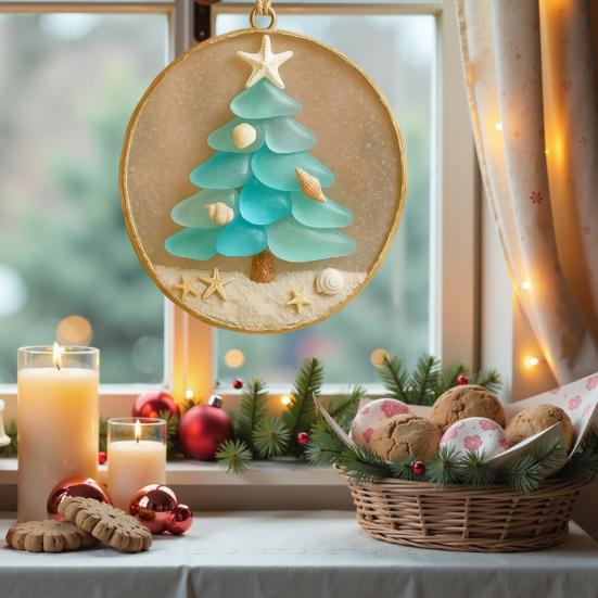 Hav-inspirert julepynt Sjøglass Skjell Resin Tre med Sjøstjerne Topp Kystnær Jul Hengende Dekorasjon til Tre Bil Speil Dekor