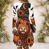 Women Criss Cross V Neck Long Sleeve Fitted Curved Hem Cartoon Bear Pumpkin Printed Dress