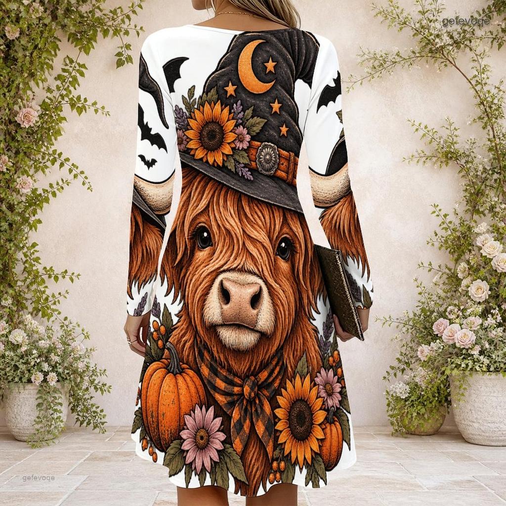 Women Criss Cross V Neck Long Sleeve Fitted Curved Hem Cartoon Bear Pumpkin Printed Dress