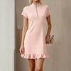 Women's Color Round Neck Zipper Short Sleeve Loose Fit Ruffle Hem Dress for Casual Everyday Wear