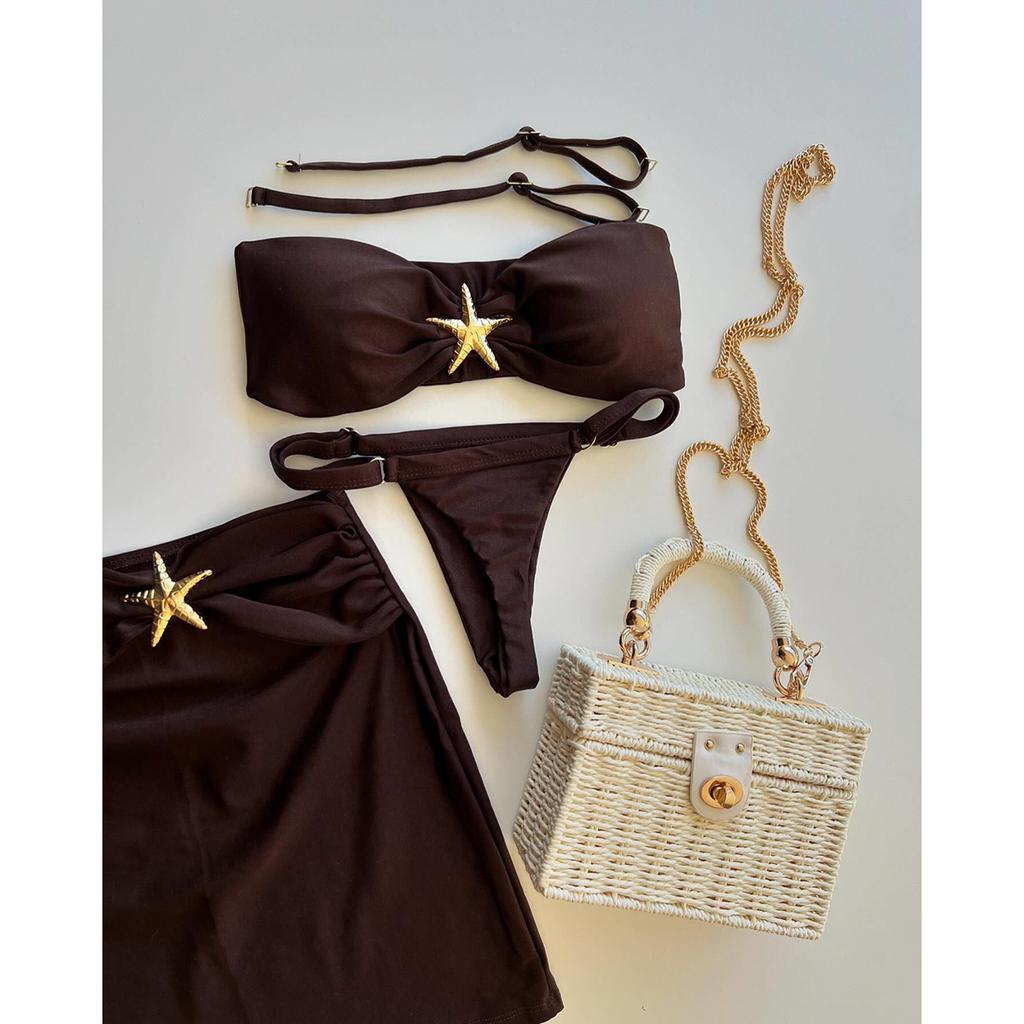 3-teiliges Bikini-Set, Bandeau-Bikini, sexy Damen-Badeanzug, glänzender Rock, weibliche Bademode, Seestern-Badeanzug, Strandbekleidung, Überzüge