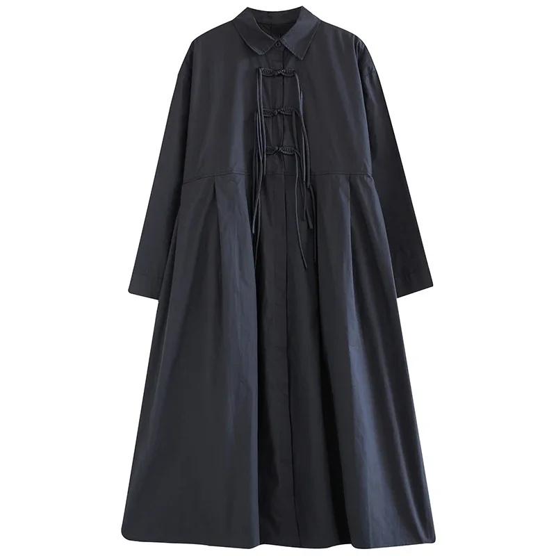 

XITAO свободное повседневное платье с длинными рукавами и отложным воротником, однобортное, однотонное, простое, женское, новинка DMJ2908 One Size чёрный