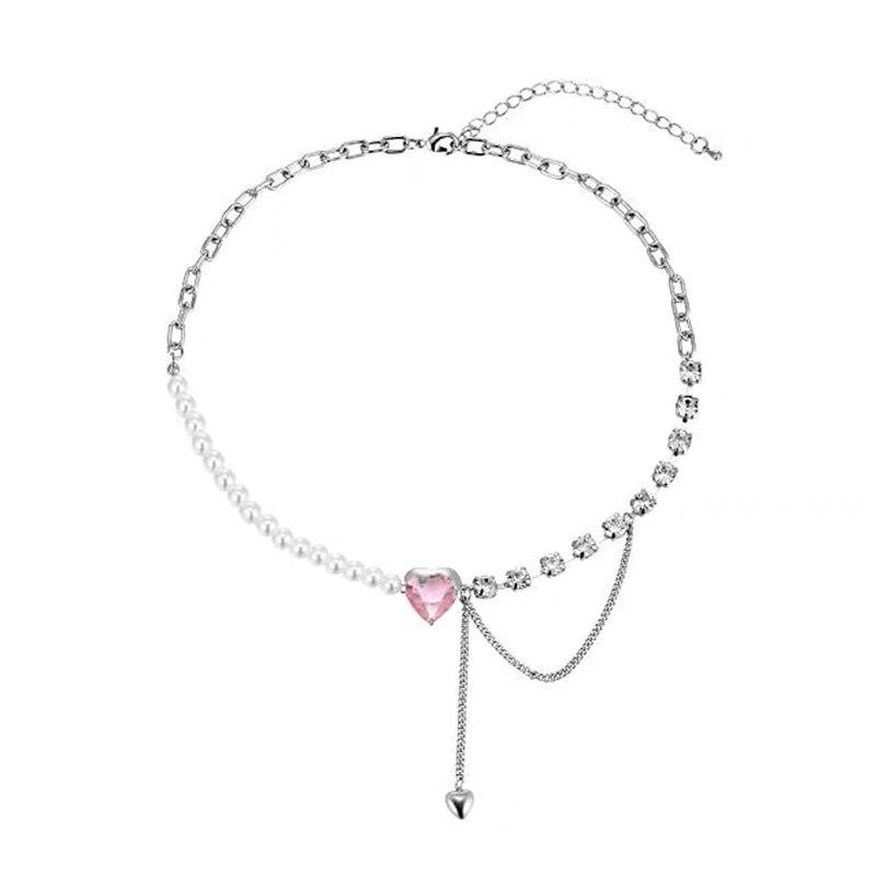 Pink Zircon Love Splicing Pearl Necklace Women'S Light Luxury High-End Neck Chain Sweet Niche Design Collarbone Chain Women