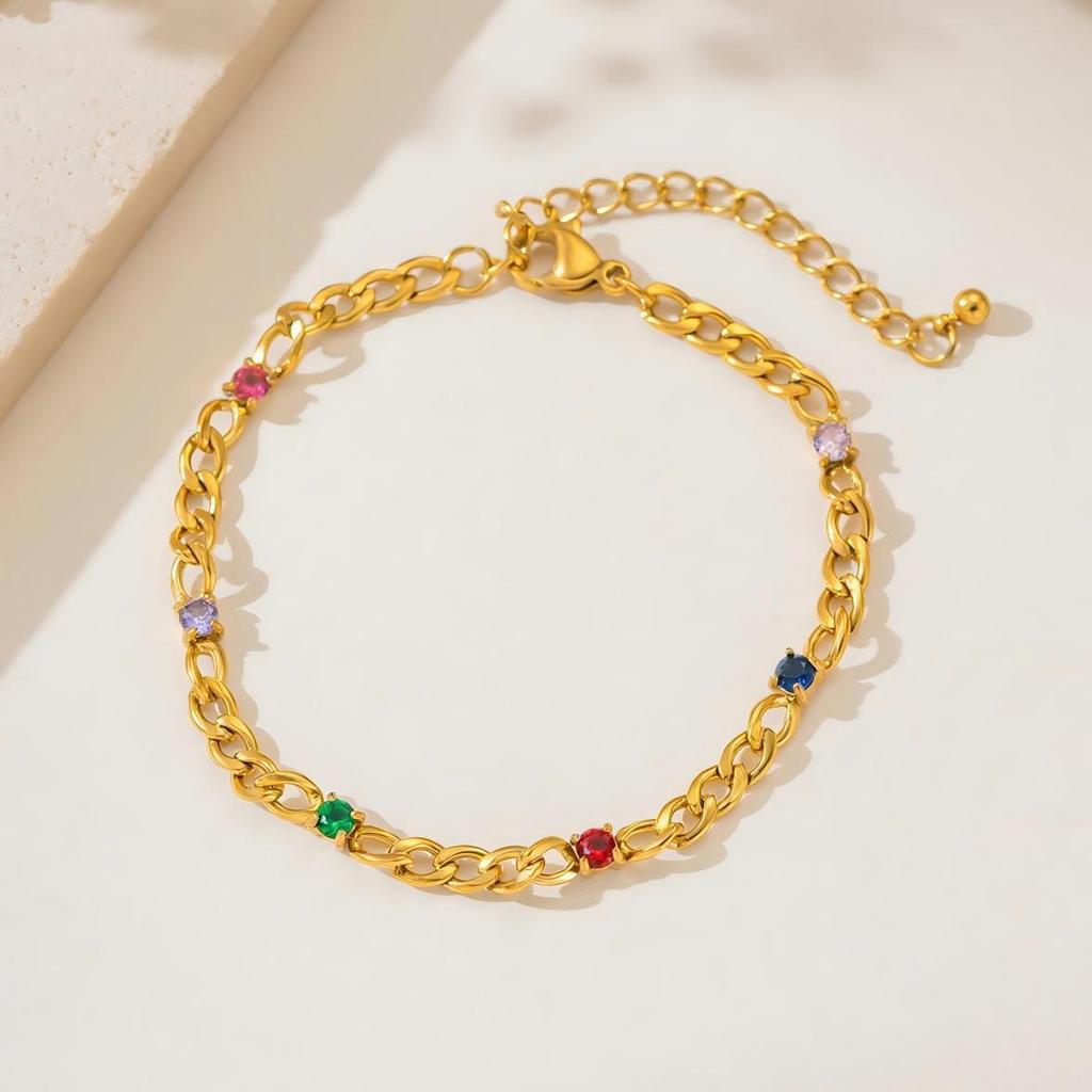 18K Gold Plated Stainless Steel Bracelet with Colored Zircon - Fashionable, Versatile, and Non-Fading