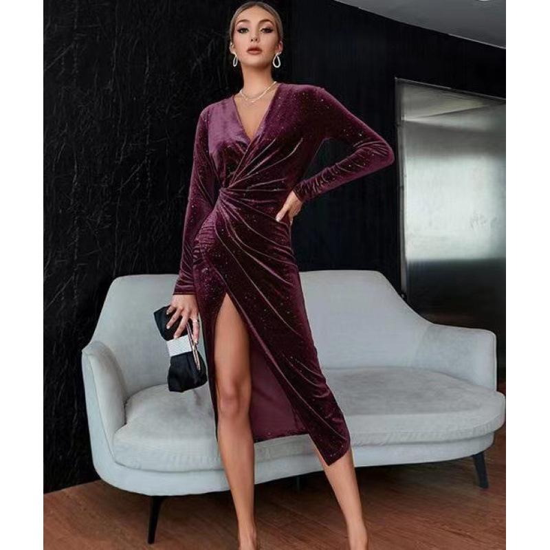 New Style Deep V Evening Dress: Sexy Slit, Irregular Hem, Long Sleeves, Mid-Length, Waist-Cinching, Slimming, Velvet for Nightclub Glamour