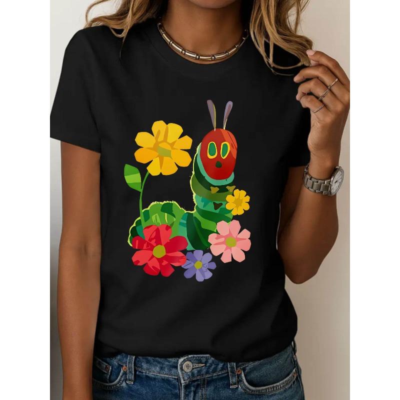 Cartoon Pattern Printed T-Shirt Featuring Caterpillars And Colorful Flowers, Short-Sleeved Round Neck Casual Top, S