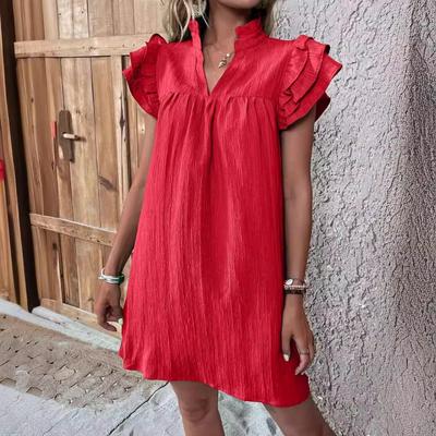 Kadın Moda Yaz Bahar Düz Renk Baskı Kısa Kollu V Yaka Gevşek Bel Günlük Elbiseler
