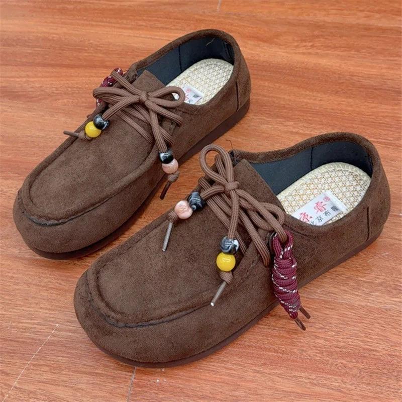 Spring Autumn New Style Old Beijing Cloth Shoes Women Single Shoes Retro Bohemian Slip-On Lazy Bean Shoes round Toe Rubber Sole