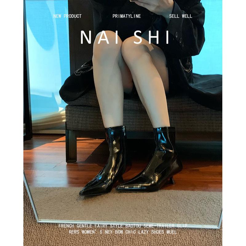 Sheepskin version! French pointed toe bare boots temperament kitten and black short boots women's side zipper elastic thin boots thin heel