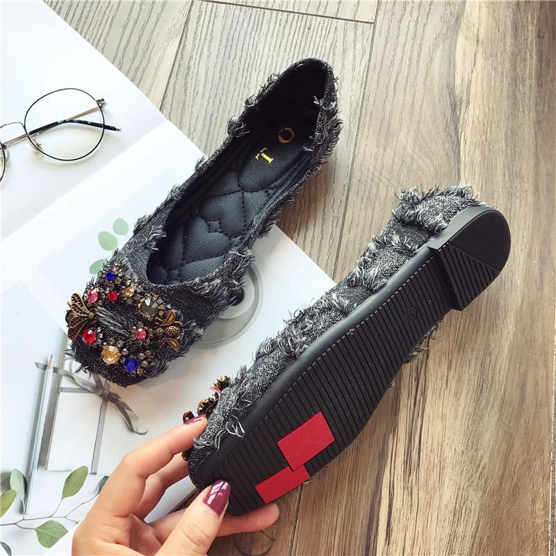 Autumn Fashionable All-match Rhinestone Square Buckle Square Toe Cloth Flat Heel Single Shoes Women's Soft Sole Moccasins
