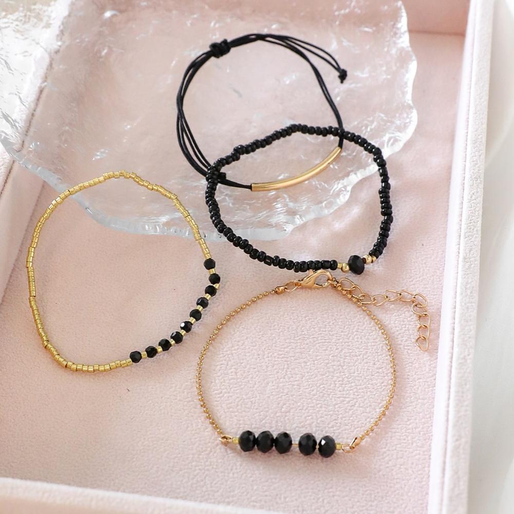 4Pcs/Set Fashion Black Glass Stone Bracelets For Women Boho Handmade Jewelry Accessories