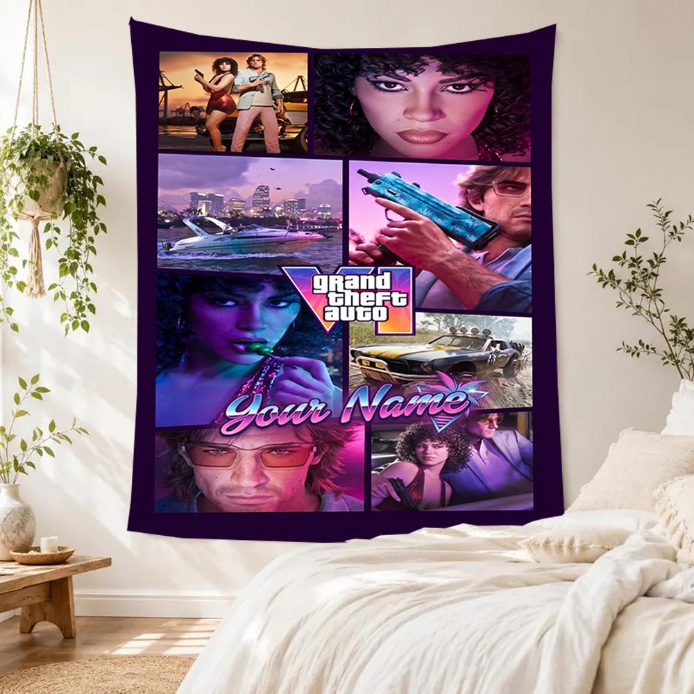 Grand Theft Auto Personalized Text Tapestry Aesthetic Wall Tapestry Smooth Polyester Perfect for Home Decor Ideal for All Seasons