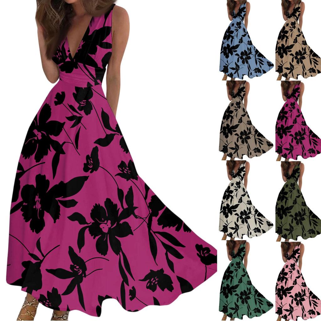 Women's Casual And Fashionable Floral Print V-Neck Sleeveless Dress Sleeveless Dress