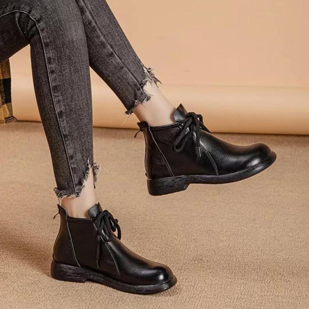Botines planos cómodos de cuero genuino Superficie suave Suela suave Cómodos Versátiles Botas de cuero para mujer Cuero vacuno Botas antideslizantes 35-41