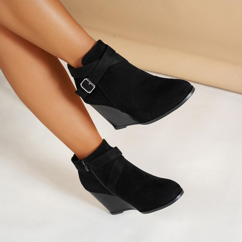 Fashion Aphixta Black Wedge Heel Modern Boots Suede Side Zip Ankle Boots Women Winter Boot Buckle Shoes Botas Mujer Botines Big Size 43