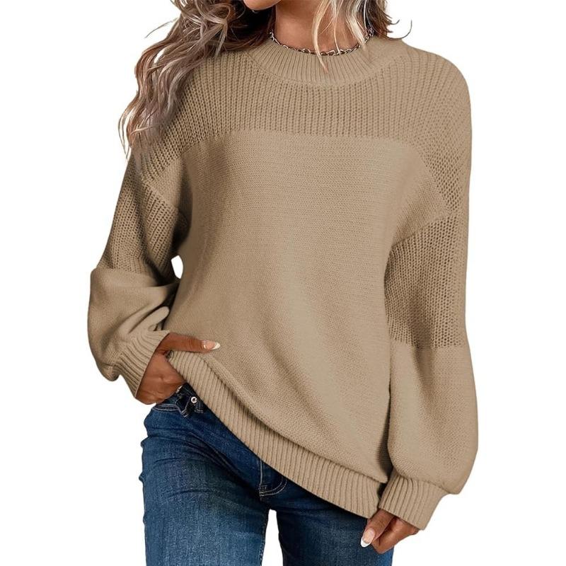 Solid Color Lantern Sleeve Pullover Round Neck Long Sleeve Sweater for Women