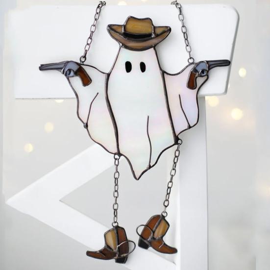 Halloween Ghost Suncatcher Stained Glass Acrylic Window Hanging Light Catcher Cute Cowboy Ghost Decoration for Home Office Kitchen Living Room Wall