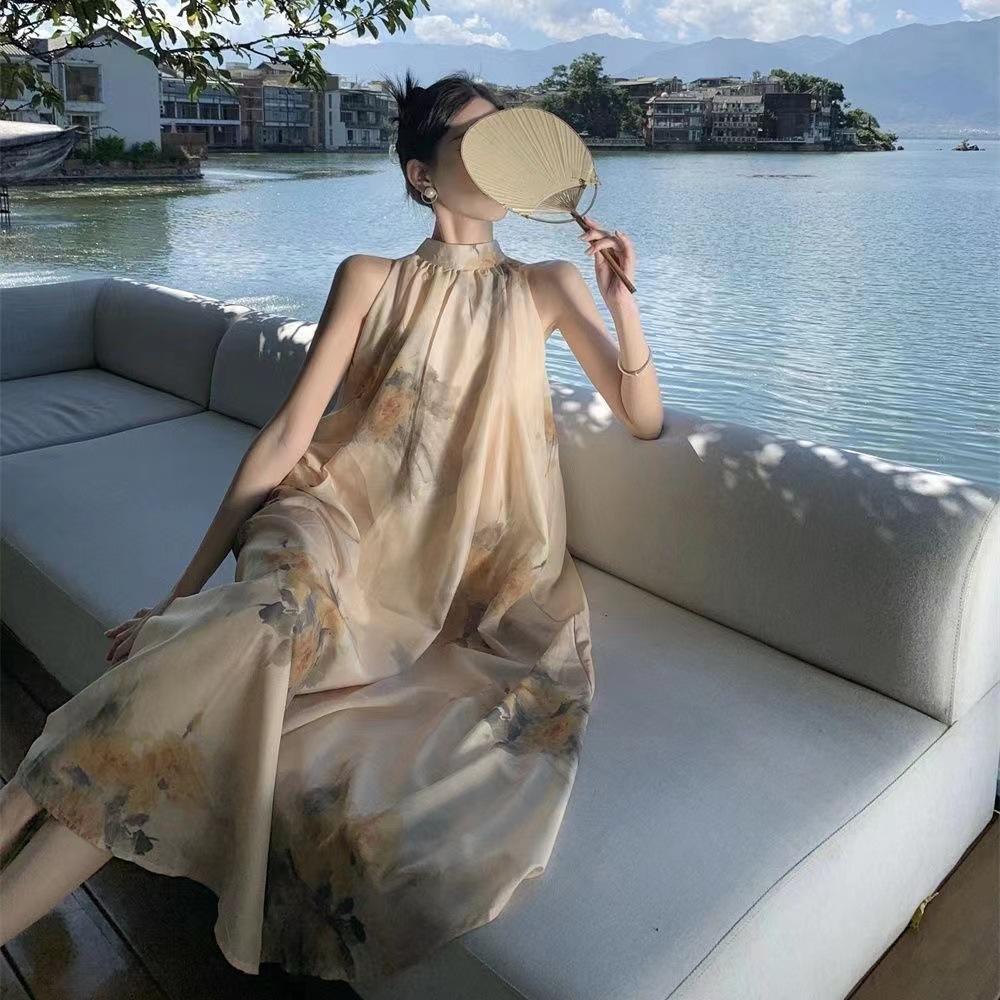 Summer new new Chinese neck dress temperament waist off-the-shoulder holiday national style skirt
