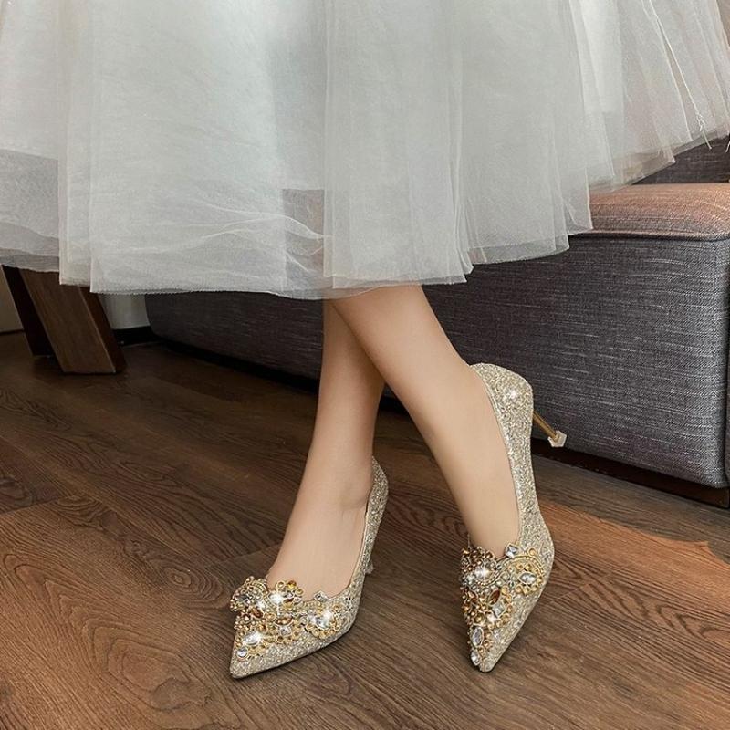 Wedding Shoes Women's Brides Bridesmaids Crystal Shoes Etiquette Wedding Sequins Fine Heels Rhinestones Women's High Heels