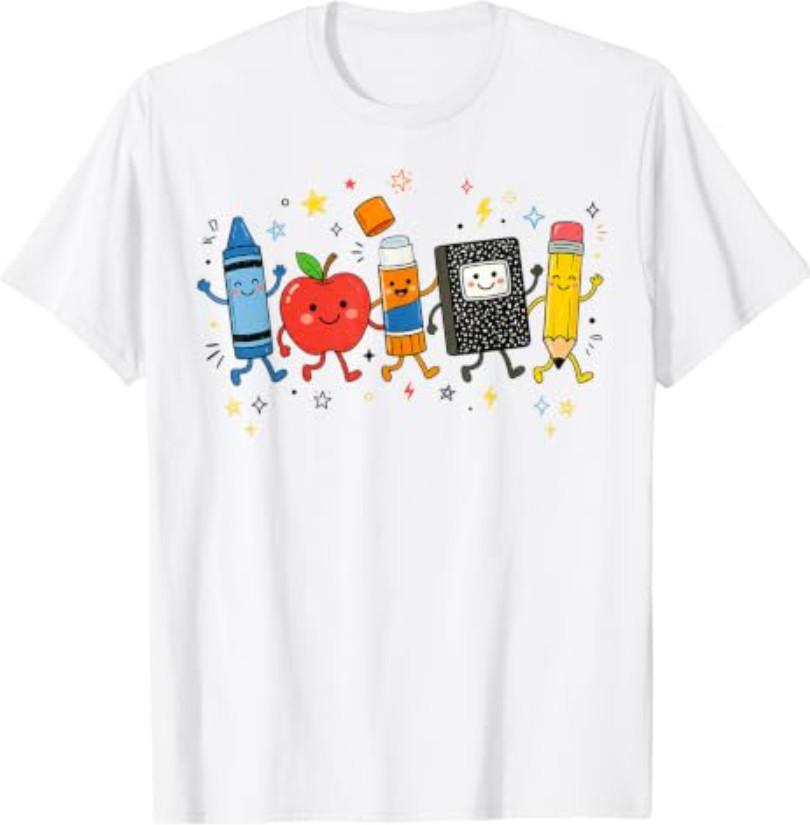 Back to School Supplies Cute Crayon Apple Pencil Teacher Kid T-Shirt