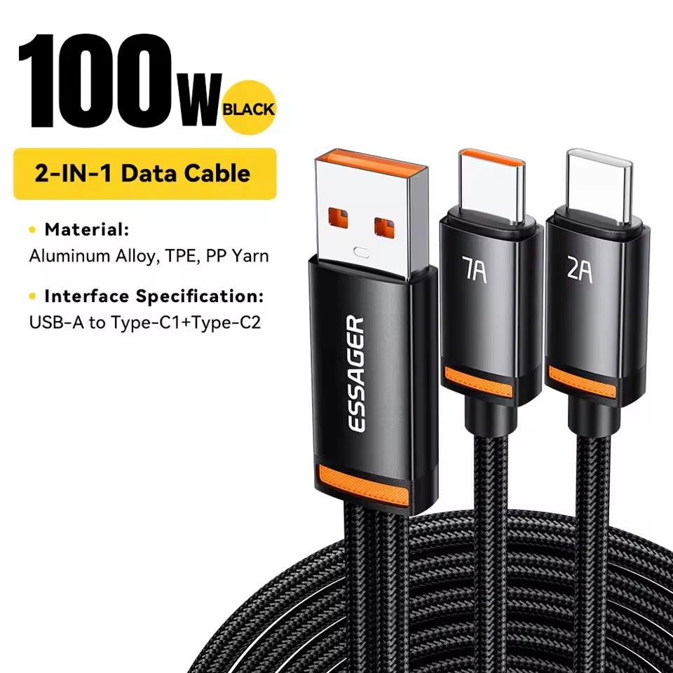 

Essager 7A 100W USB Type C кабель 2 в 1 быстрая зарядка кабель для iPhone 16 15 14 13 12 Pro Max Huawei Honor Macbook проводной кабель A-C+C 1m чёрный