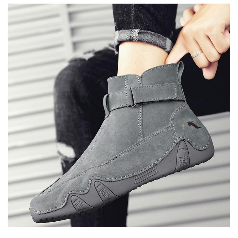 Large Size Men's Boots with Side Zipper and High Top for Outdoor Casual Wear, Hand Sewn Leather Boots