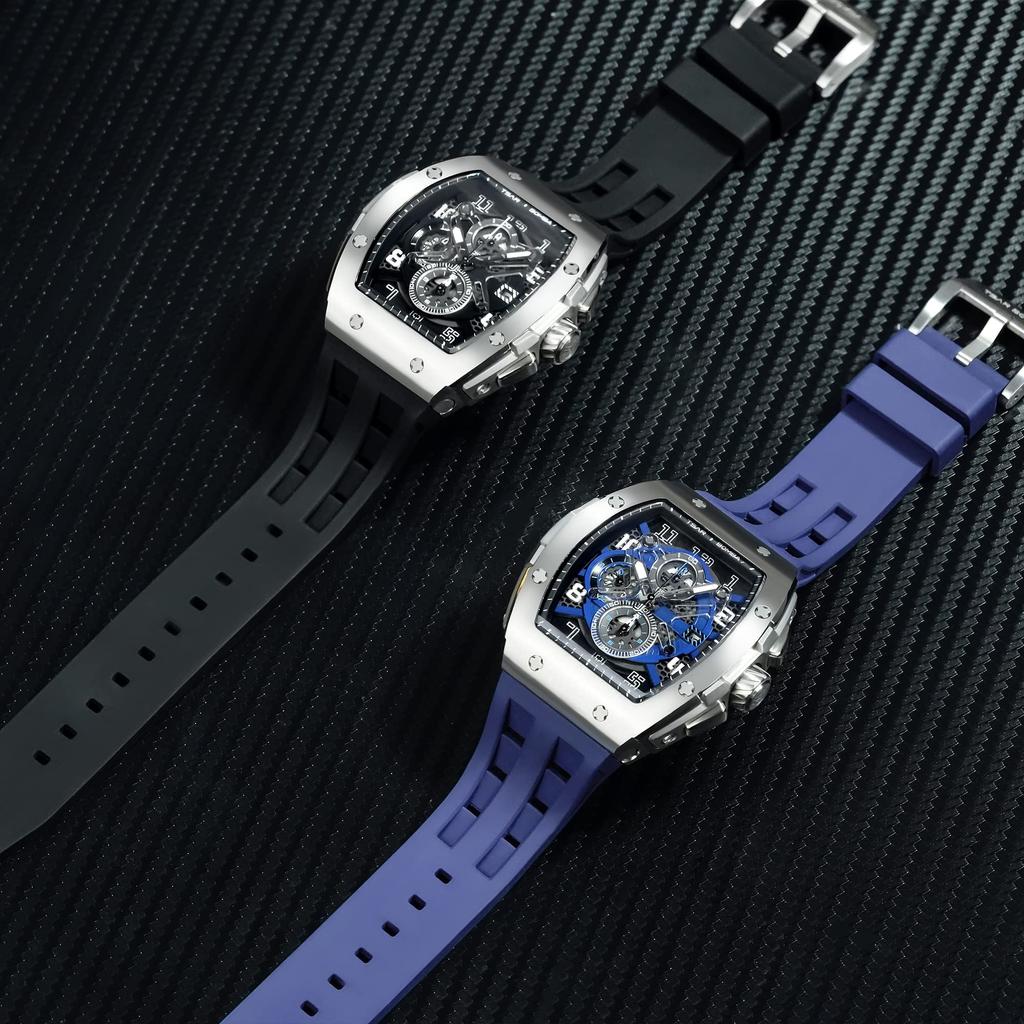 TSAR BOMBA Men's Watch 50M Water-Resistant Tonneau Dial Luxury Sapphire Crystal Silicone Strap