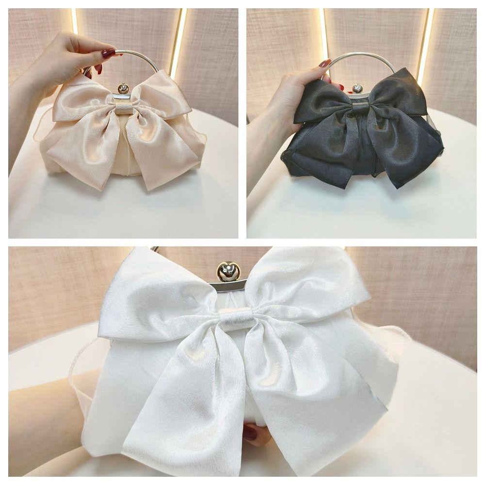 Metal Handle Bridal Clutch Bag Satin Bow Wedding Purse Luxury Bow Evening Handbag  Women