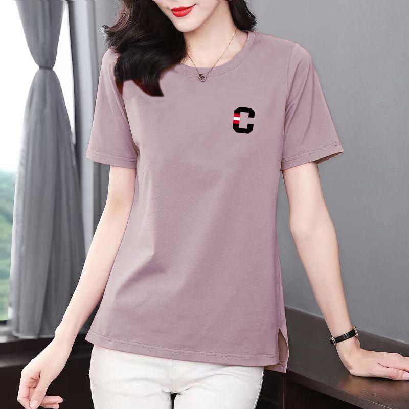 Summer Cotton Printing Letter Mid Length Version T-shirt Women High Quality Short Sleeve O-collar Loose Vent Lady Casual Top