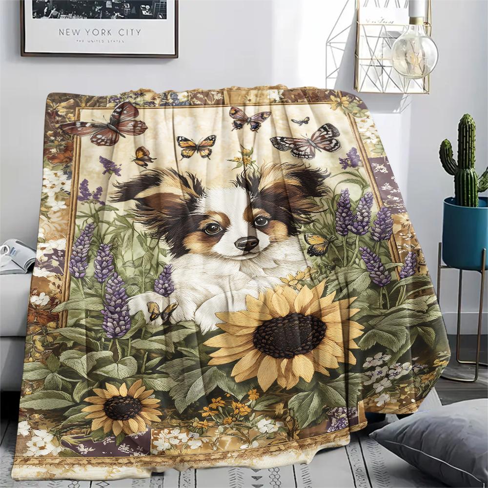 1 Stück Hunde- und Sonnenblumen-Print Flanelldecke, Hohe Qualität, Bequem für alle Jahreszeiten, Heimdekoration, Wärme und Komfort, Perfekt für Weihnachtsgeschenke